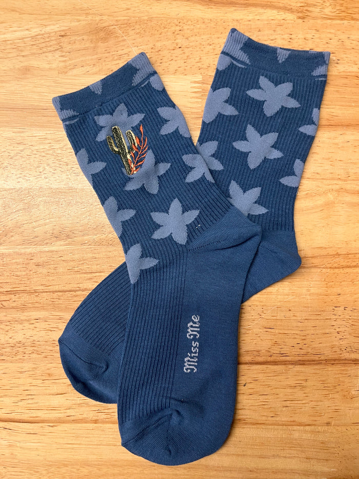 Miss Me Women's Blue Flower Print Cactus Crew Socks ACC0004-Painted Cowgirl Western Store
