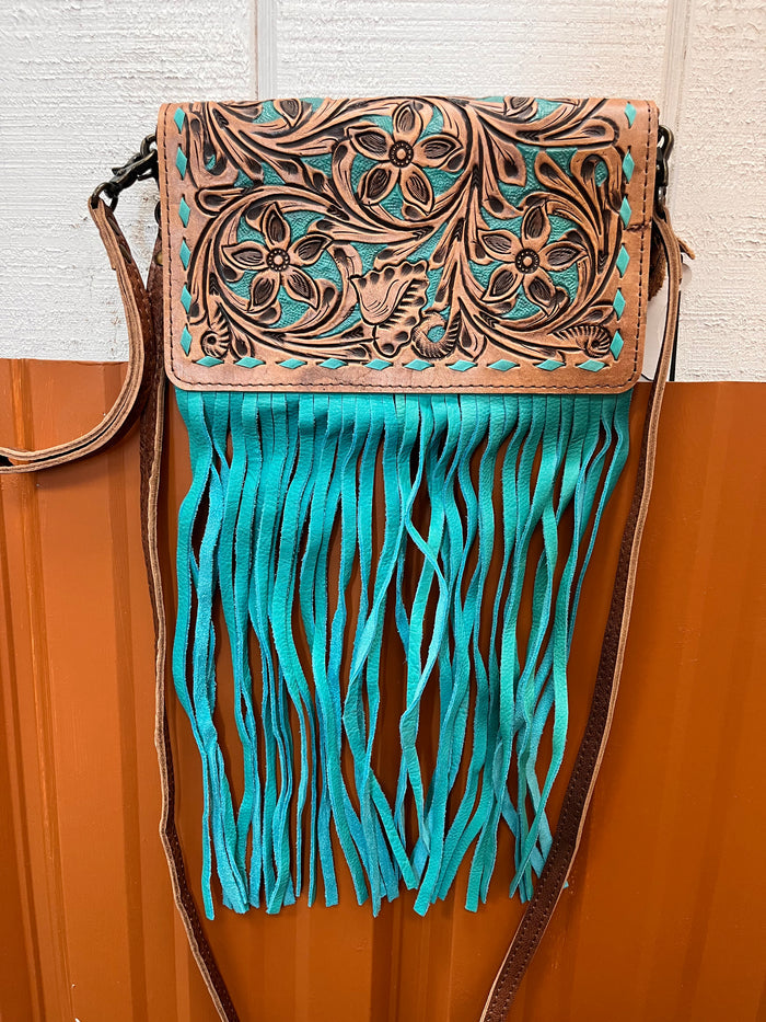 American Darling Hand-Tooled Finge Crossbody Wallet Clutch Purse ADBG485 BRTRQI-Painted Cowgirl Western Store
