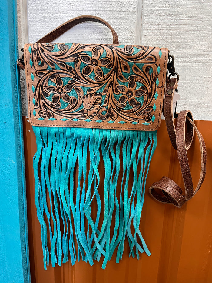 American Darling Hand-Tooled Finge Crossbody Wallet Clutch Purse ADBG485 BRTRQI-Painted Cowgirl Western Store