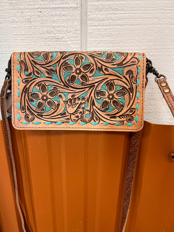 American Darling Hand-Tooled Finge Crossbody Wallet Clutch Purse ADBG485 BRTRQI-Painted Cowgirl Western Store