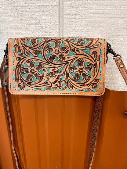 American Darling Hand-Tooled Finge Crossbody Wallet Clutch Purse ADBG485 BRTRQI-Painted Cowgirl Western Store