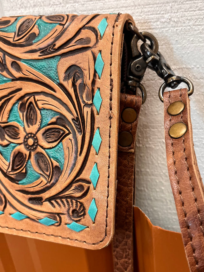 American Darling Hand-Tooled Finge Crossbody Wallet Clutch Purse ADBG485 BRTRQI-Painted Cowgirl Western Store