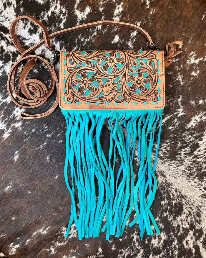 American Darling Hand-Tooled Finge Crossbody Wallet Clutch Purse ADBG485 BRTRQI-Painted Cowgirl Western Store