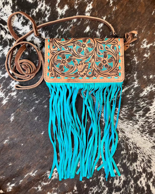 American Darling Hand-Tooled Finge Crossbody Wallet Clutch Purse ADBG485 BRTRQI-Painted Cowgirl Western Store