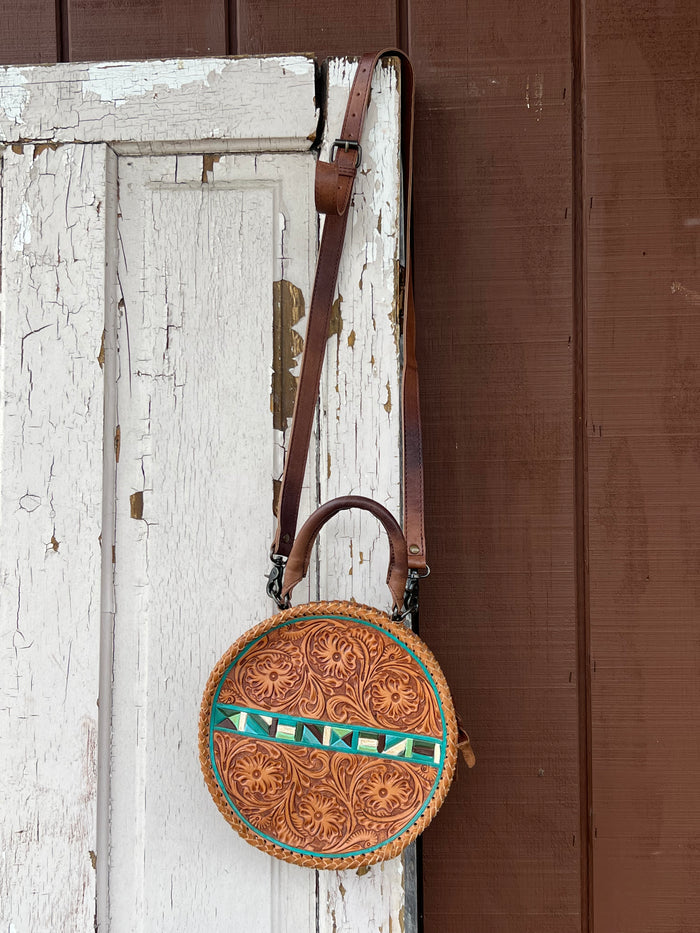 American Darling Round Brown Tooled Leather Purse with Painted Accents ADBG1025A-Painted Cowgirl Western Store