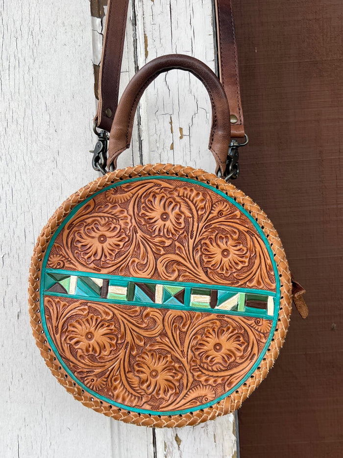 American Darling Round Brown Tooled Leather Purse with Painted Accents ADBG1025A-Painted Cowgirl Western Store