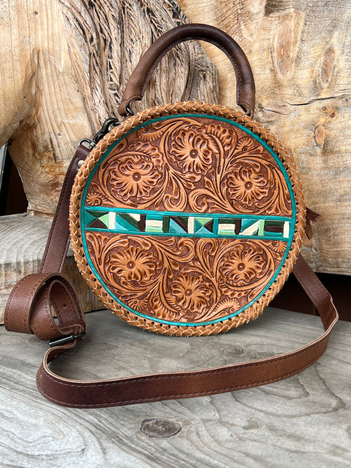 American Darling Round Brown Tooled Leather Purse with Painted Accents ADBG1025A-Painted Cowgirl Western Store