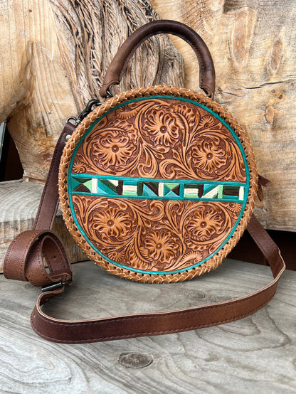 American Darling Round Brown Tooled Leather Purse with Painted Accents ADBG1025A-Painted Cowgirl Western Store