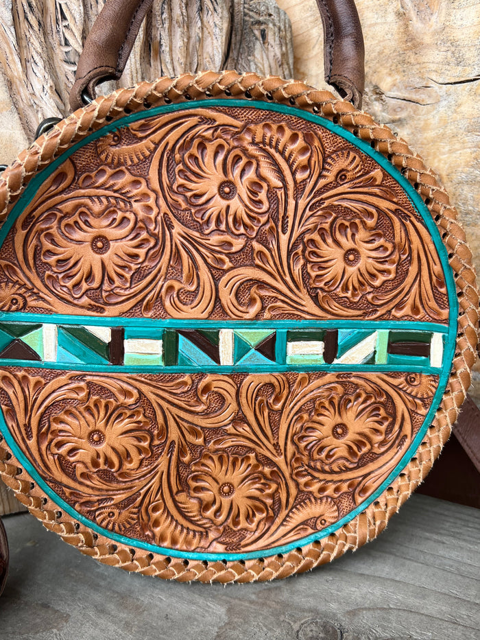 American Darling Round Brown Tooled Leather Purse with Painted Accents ADBG1025A-Painted Cowgirl Western Store