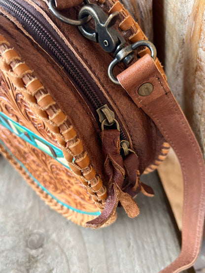 American Darling Round Brown Tooled Leather Purse with Painted Accents ADBG1025A-Painted Cowgirl Western Store