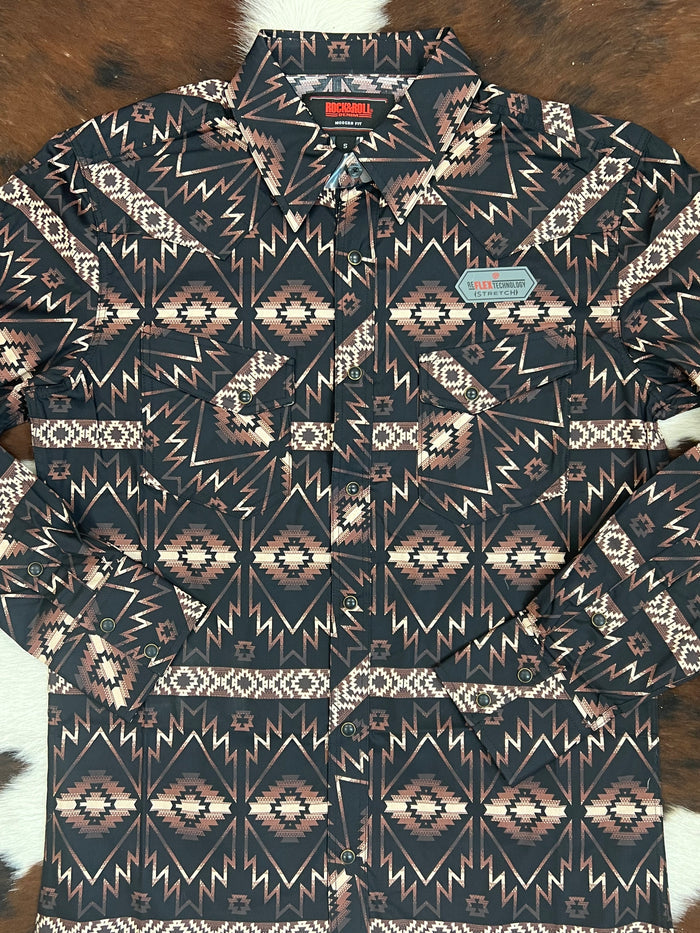 Rock & Roll Cowboy Men's Brown & Black Aztec Modern Fit Long Sleeve Shirt RRMSOSR0QD-Painted Cowgirl Western Store