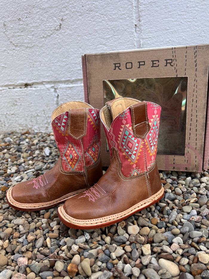 Roper Infant & Children Girl's Dakota Brown Leather & Pink Aztec Cowgirl Boots 9991-0151 9991-0141-Painted Cowgirl Western Store