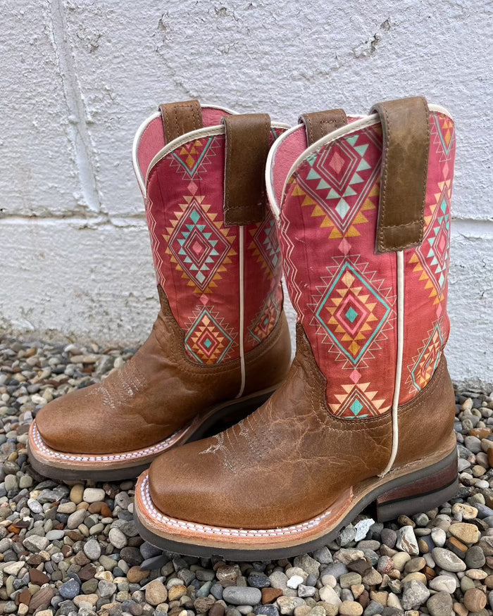 Roper Infant & Children Girl's Dakota Brown Leather & Pink Aztec Cowgirl Boots 9991-0151 9991-0141-Painted Cowgirl Western Store