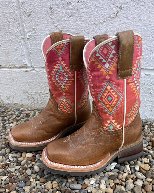 Roper Infant & Children Girl's Dakota Brown Leather & Pink Aztec Cowgirl Boots 9991-0151 9991-0141-Painted Cowgirl Western Store
