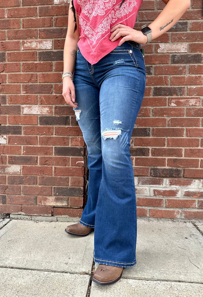 Miss Me Women's High Rise Distressed Flare Jeans H3636F60-Painted Cowgirl Western Store