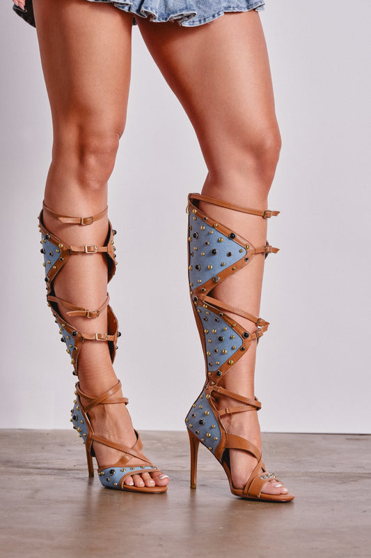 AKIRA GOLD LULANA DENIM METAL STUDDED GLADIATOR STILETTO SANDAL