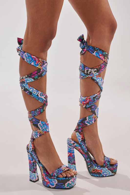 AKIRA GOLD MAGRITTE GRAFFITI STRAPPY CHUNKY SANDAL