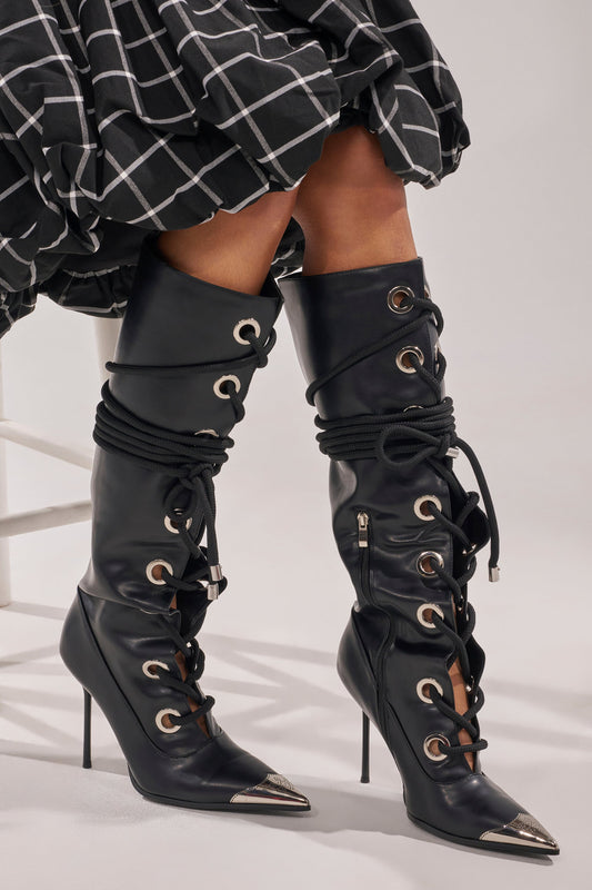 AKIRA GOLD PANTOUM BLACK PU HARDWARE BOOT