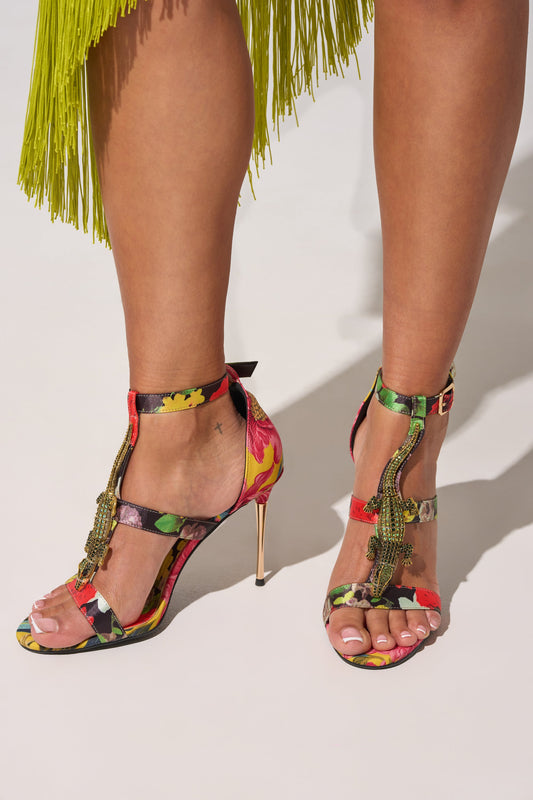 AKIRA GOLD REPTILIAN MULTISATIN STRAP STILETTO SANDAL