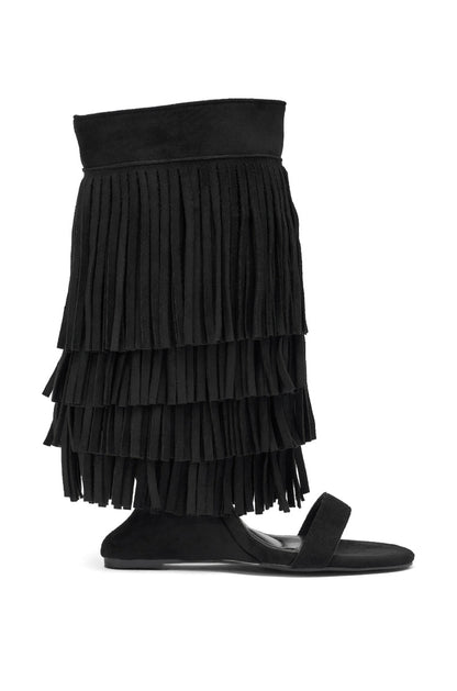 AKIRA GOLD SESTINA BLACK FAUX SUEDE FRINGE WEDGE SANDAL