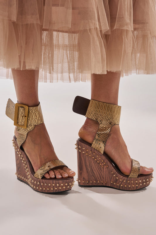 AKIRA GOLD SLOANE BROWN STUD AND SNAKE WEDGE SANDAL