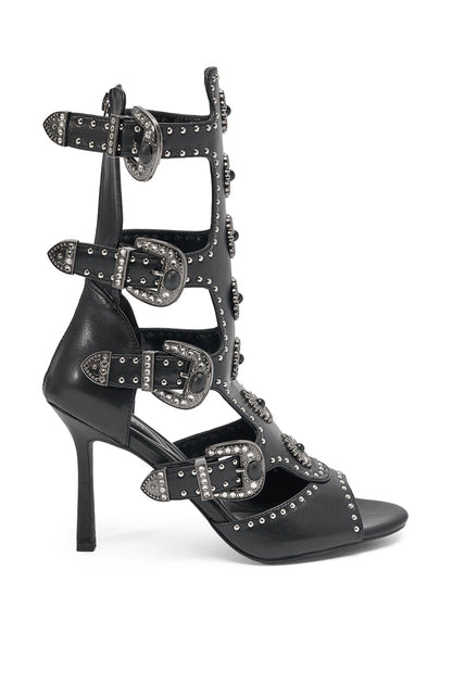 AKIRA GOLD SOLVEIG BLACK EMBELLISHED WESTERN STILETTO SANDAL