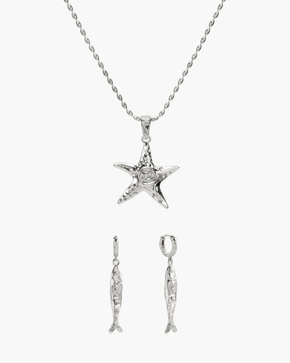 Anchovy Earrings & Starfish Necklace Set in Silver