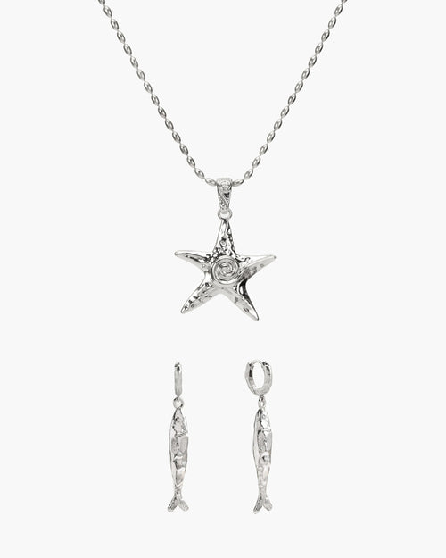 Anchovy Earrings & Starfish Necklace Set in Silver