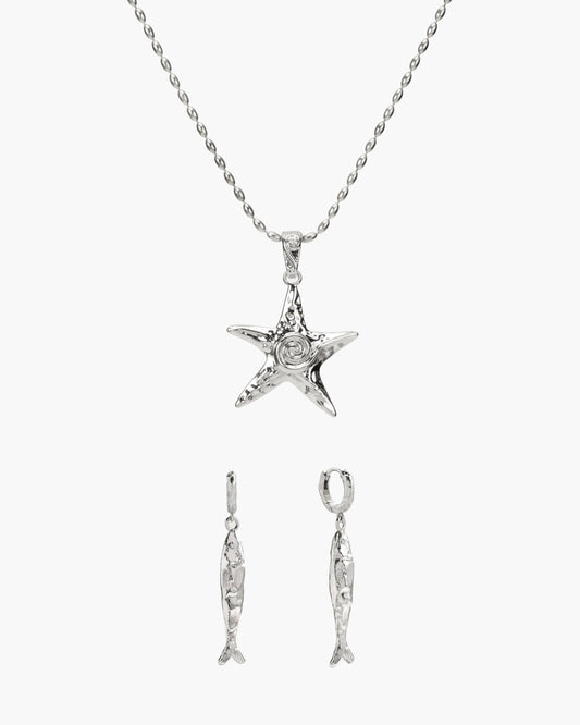 Anchovy Earrings & Starfish Necklace Set in Silver