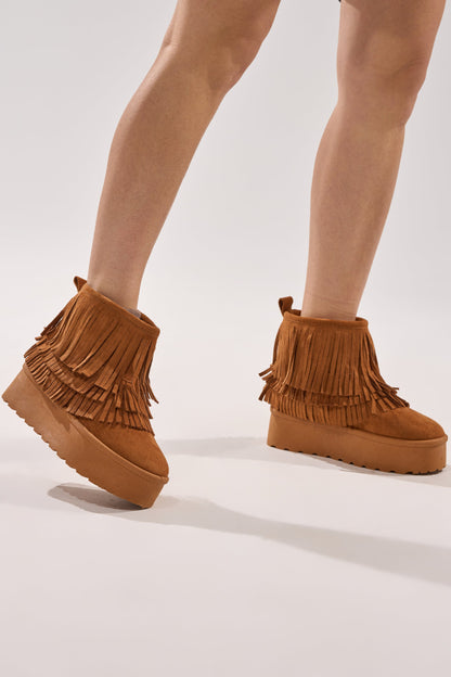 AKIRA BROWN FAUX SUEDE FRINGE BOOTIE