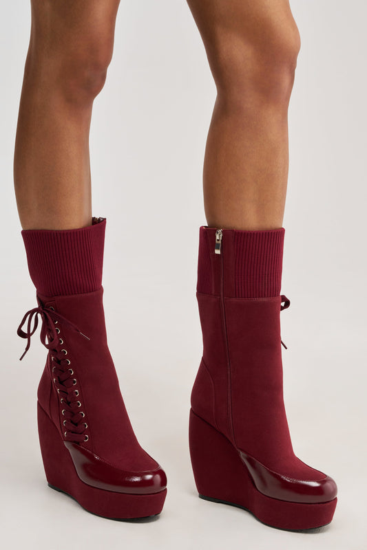 AKIRA GOLD WHATEVER BURGUNDY CANVAS WEDGE BOOTIE