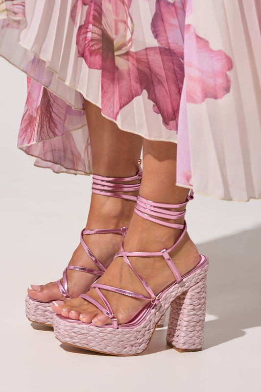 AKIRA GOLD ZAIDEE PINK PLATFORM RAFFIA LACE UP SANDAL
