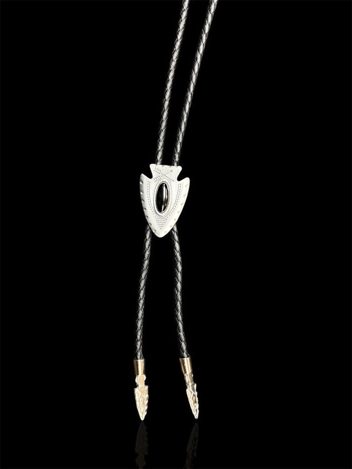 Antiqued Silver Arrowhead Black Leatherette Bolo Tie 22120-Painted Cowgirl Western Store