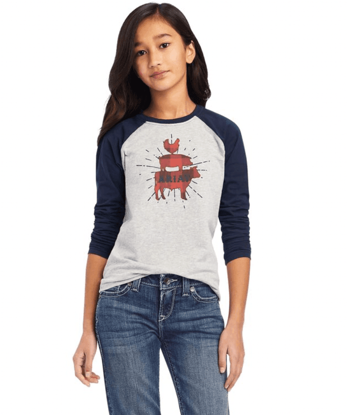Ariat Girl's Real Farm Long Sleeve Heather Grey/Navy Tee 10041323