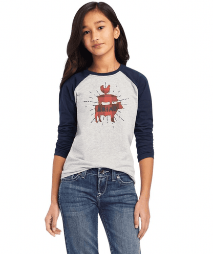 Ariat Girl's Real Farm Long Sleeve Heather Grey/Navy Tee 10041323