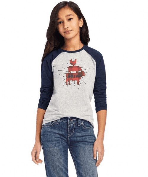 Ariat Girl's Real Farm Long Sleeve Heather Grey/Navy Tee 10041323