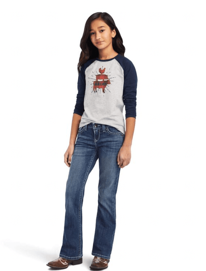 Ariat Girl's Real Farm Long Sleeve Heather Grey/Navy Tee 10041323