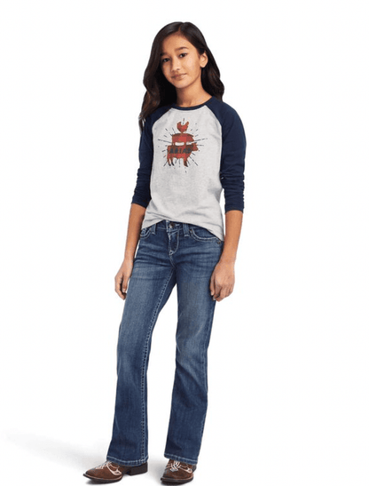 Ariat Girl's Real Farm Long Sleeve Heather Grey/Navy Tee 10041323