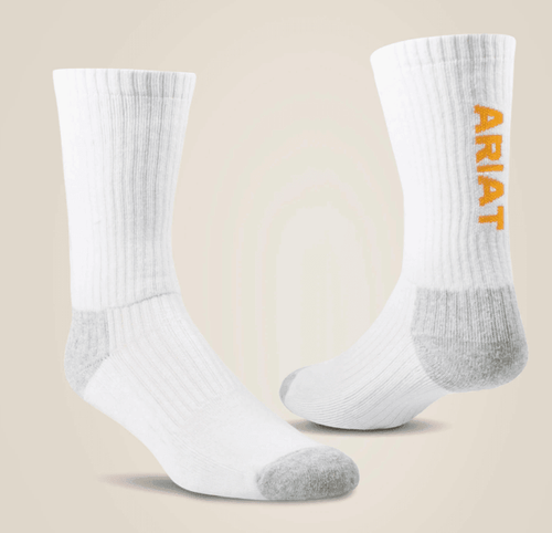 Ariat High Performance White Premium Ringspun Cotton Crew Work Socks 3 Pair Pack 10036518