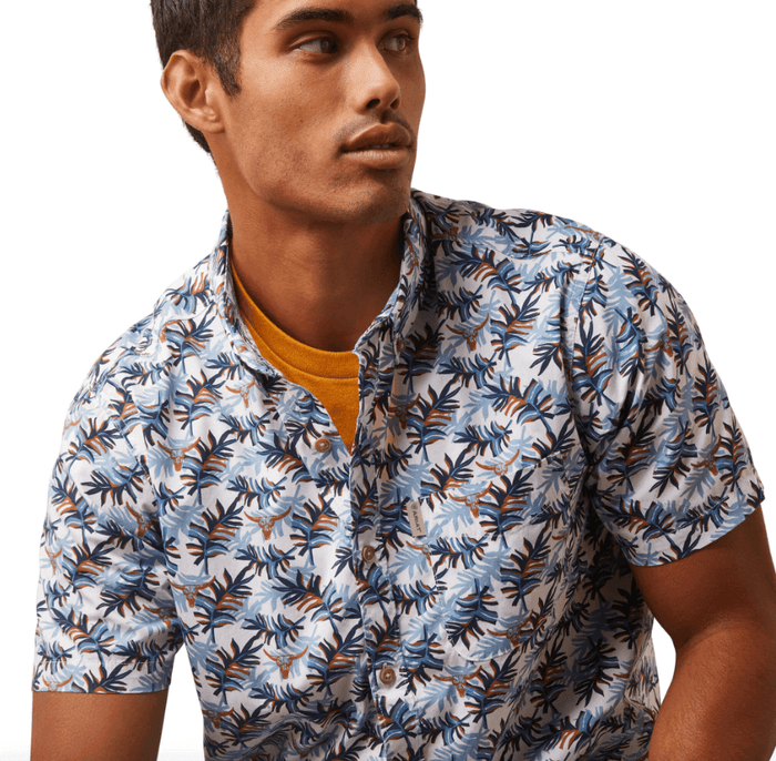 Ariat Men's Palm Waves White Print Stretch Modern Fit Short Sleeve Shirt 10043706