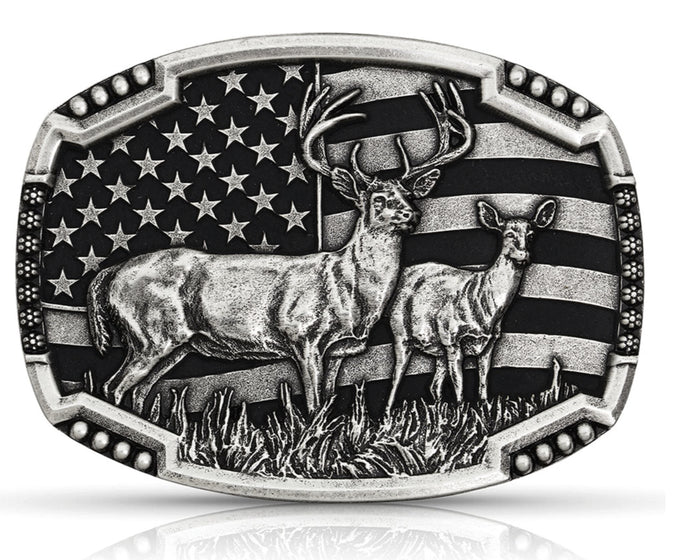 Attitude x Montana Silversmith Whitetail Deer Silver Belt Buckle A785S-Painted Cowgirl Western Store