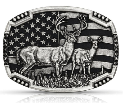 Attitude x Montana Silversmith Whitetail Deer Silver Belt Buckle A785S-Painted Cowgirl Western Store