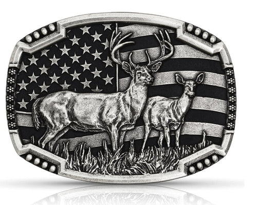 Attitude x Montana Silversmith Whitetail Deer Silver Belt Buckle A785S-Painted Cowgirl Western Store