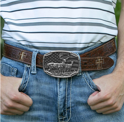 Attitude x Montana Silversmith Whitetail Deer Silver Belt Buckle A785S-Painted Cowgirl Western Store