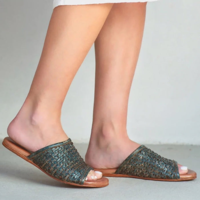 Bed Stu Women's MINERVA Dark Teal Green Lux Leather Slide Sandal F373198DKTL