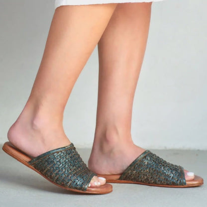 Bed Stu Women's MINERVA Dark Teal Green Lux Leather Slide Sandal F373198DKTL