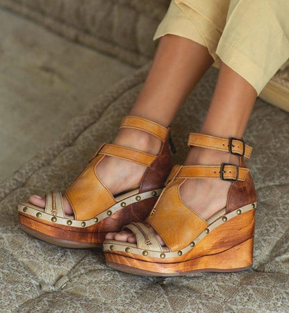 Bed Stu Women's Princess Cafe Latte Lux Leather Wedge Sandals F399029-Painted Cowgirl Western Store