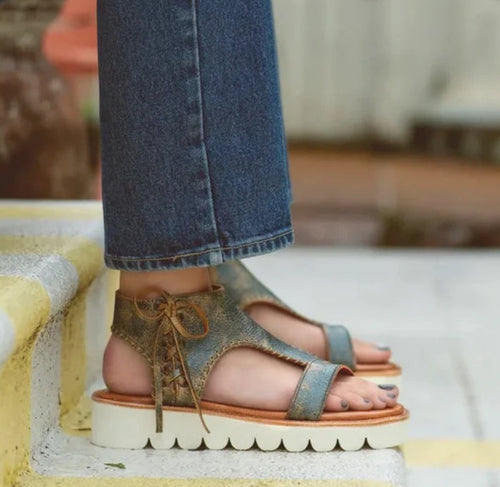 Bed Stu Women's Zoe II Dark Teal Lux Leather Wedge Sole Sandals F377186-DKTLLX-Painted Cowgirl Western Store