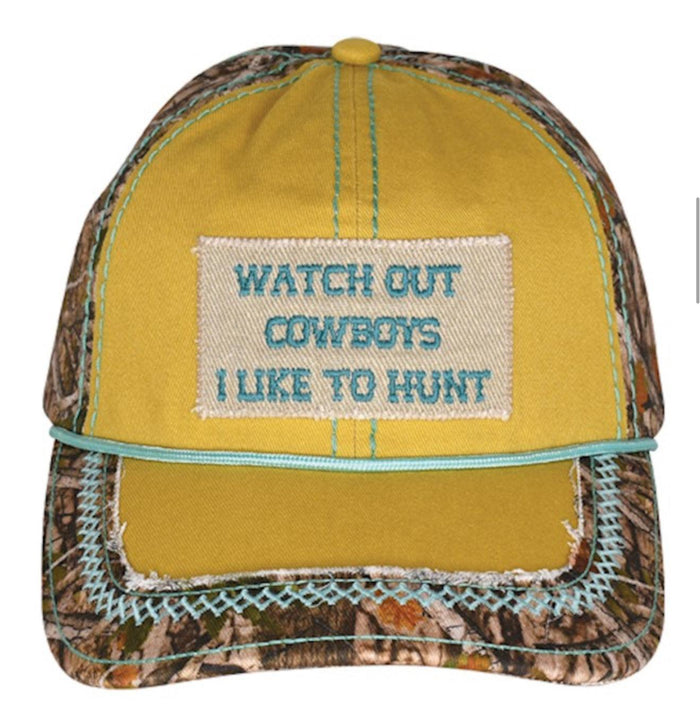 Catchfly Ladies Watch Out Cowboys Yellow and Camo Ponytail Baseball Cap  23204HB7-Painted Cowgirl Western Store