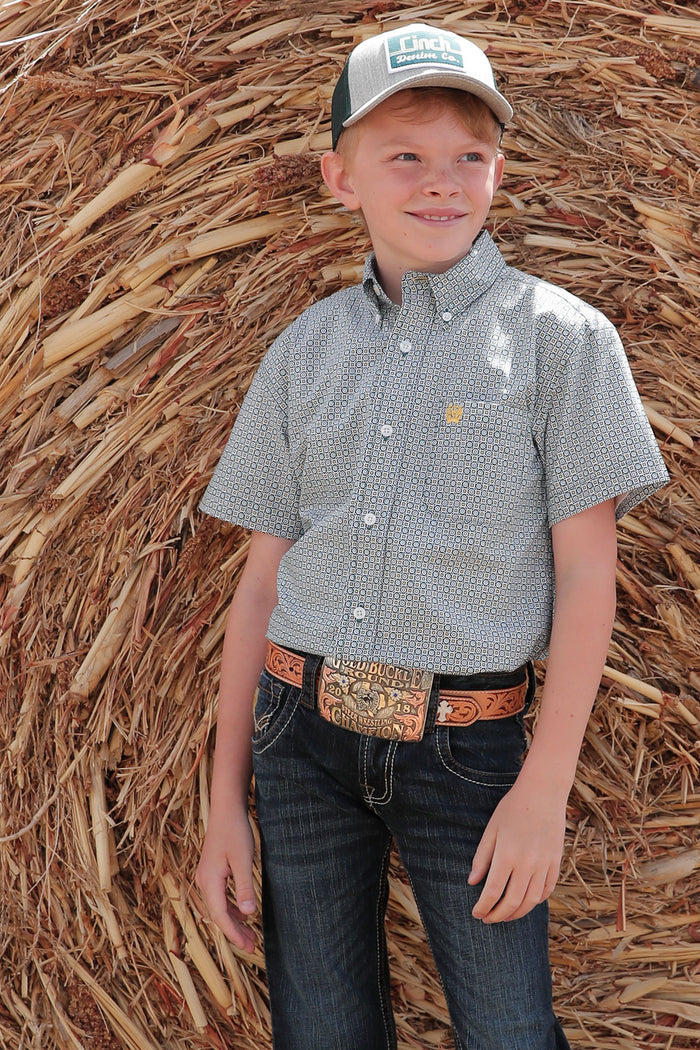 Cinch Boy's Grey Geo Short Sleeve Button Western Shirt MTW7140029-Painted Cowgirl Western Store